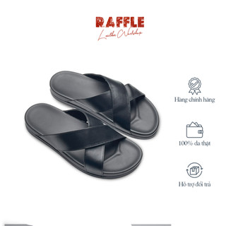 Dép Da Nam Raffle Mark Slippers Quai Chéo Đen Trơn Đế Đúc Cao Su Chống Hăm Chân