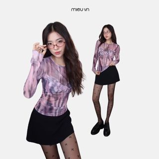 Áo thun nữ tay dài chất vải lưới kết hợp thun gân loang màu xoắn ngực thời thượng MIEU - LM05
