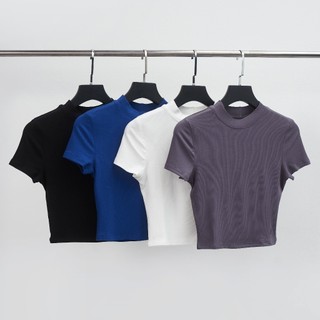 Áo Ngắn Tay Nữ Cổ Bo Sát Dáng Croptop BUSY Thun Tăm Rayon Co Giãn Ôm Sát NT22C