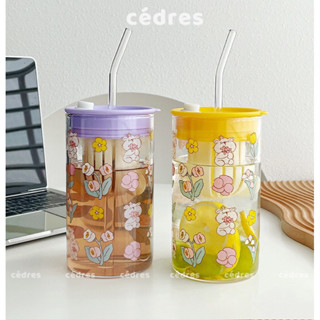  Cốc thuỷ tinh cao uống trà cỡ lớn chịu nhiệt có lõi lọc hoạ tiết gấu hoa tulip đáng yêu 650ml có nắp và ống hút Cedres 