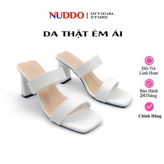 Guốc Nữ Cao Gót 7cm Quai Ngang Tiện Dụng, Dép Sandal nữ gót trụ mũi vuông da thật NUDDO _ ND707
