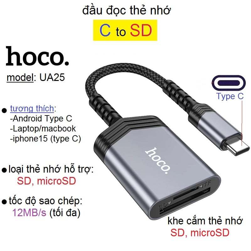 Đầu đọc thẻ nhớ Type C/ Lightning Hoco UA25 hỗ trợ đọc thẻ SD/ microSD
