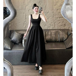 Đầm hotnew  áo thun borip 2 dây đan chéo lưng mix tùng váy cotton lạnh maxi màu đen