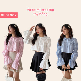 Áo Sơ Mi Babydoll Cổ Sen Croptop GUDLOOK Tay Nơ Loe Bồng