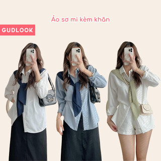 Áo Sơ Mi Nữ Dài Tay GUDLOOK Kèm Khăn Phối Màu Trẻ Trung
