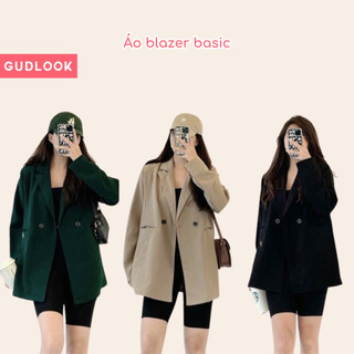 Áo blazer nữ form rộng basic gudlook trơn 2 cúc màu rêu be đen