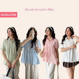 Áo Sơ Mi Nữ Cộc Tay GUDLOOK Vần Nhúm Cách Điệu Màu Pastel