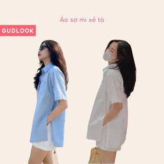 Áo Sơ Mi Nữ Cộc Tay Túi Ngực GUDLOOK Xẻ Tà Cài Cúc Màu Trơn Basic Be Trắng Xanh