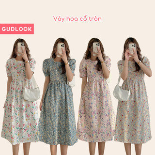 Đầm Váy Midi Tay Bồng Suông GUDLOOK Họa Tiết Hoa Chất Thô