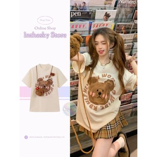 ÁO THUN PHÔNG BASIC TAY LỠ NỮ HINH IN HÌNH GẤU TO SẮC NÉT KÈM TÚI MÙA HÈ PHONG CÁCH CUTE NĂNG ĐỘNG ĐÁNG YÊU