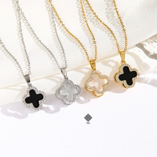  Dây chuyền titan cỏ 4 lá đính đá 2 mặt Vòng cổ đính đá chất liệu titan không phai không rỉ sét kiểu dáng cỏ 4 lá 2 mặt 