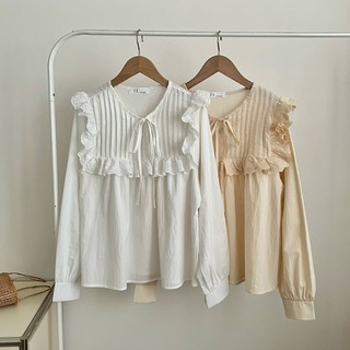 Áo sơ mi kiểu babydoll cổ kẻ ly phối dây nơ viền bèo ren Ulzzang