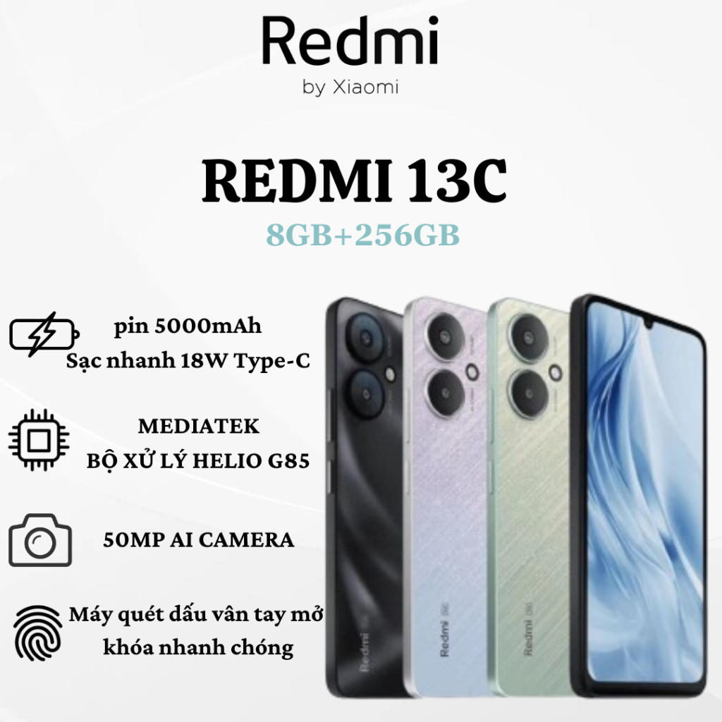 Điện thoại thông minh Redmi 13C 8GB + 256GB 90Hz 6.74" Màn hình mượt mà/Camera ba 50MP AI