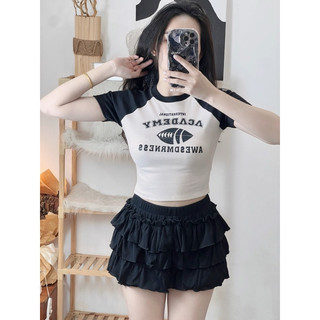 áo croptop tay raplang in hình quả bóng chày cá tính