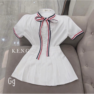 Set áo sơ mi viền đỏ xanh nơ cổ kèm váy xếp ly ngắn chất tuyết mưa