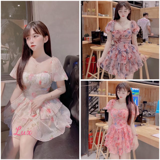 Đầm hoa nhí cổ vuông dáng ngắn xếp tầng xoè
