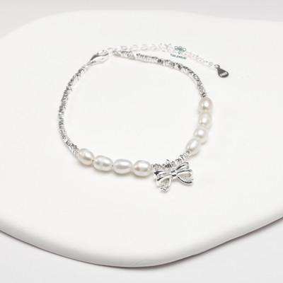 Lắc tay bạc nữ TLEE vòng tay hạt vỡ mix trai treo nơ xinh xắn TLEE JEWELRY LT0204
