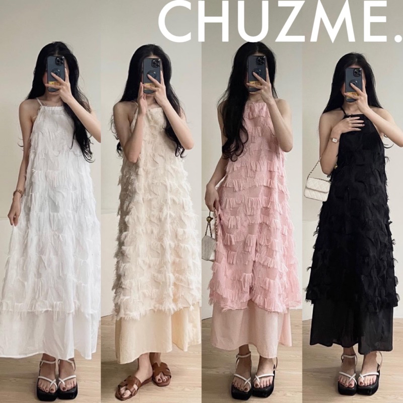 Đầm Maxi Cổ Yếm Suông Dài Tua Rua 2 Tầng Wave Dress, Váy Yếm Maxi Đi Biển Lông Tua