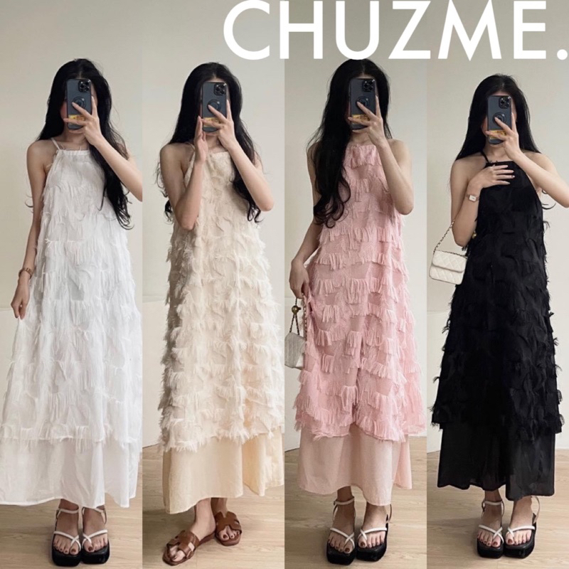 Đầm maxi cổ yếm suông dài tua rua 2 tầng WAVE DRESS, Váy yếm maxi đi biển lông tua