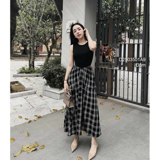 Đầm suông dài tà phối caro, đầm maxi nữ sát nách tà phối hoạ tiết! TMT House