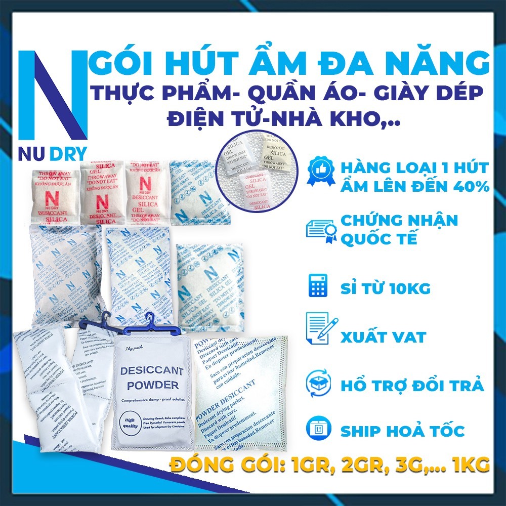 Gói hút ẩm NuDry Silicagel dùng cho thực phẩm tủ quần áo giày dép máy ảnh nhà kho đóng gói 1kg