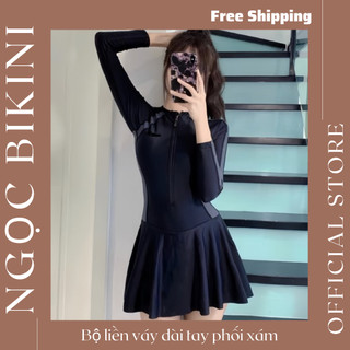 (Đủ Size) Bộ bikini đồ bơi liền thân viền XÁM dáng váy Dài Tay khoá kéo kín đáo
