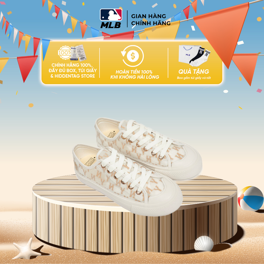 Giày MLB Playball Monogram Mesh màu vàng chính hãng, giày thể thao MLB họa tiết NY đế cao tôn dáng