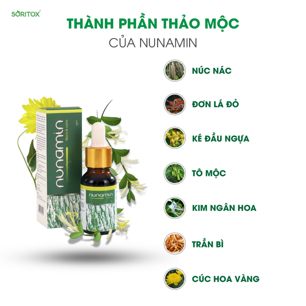 Serum tẩy Mụn cóc, Mụn do virus HPV gây ra, Mụn cơm, Mắt cá chân, Chai chân chiết suất từ thảo mộc - NUNAMIN SERUM 15ML