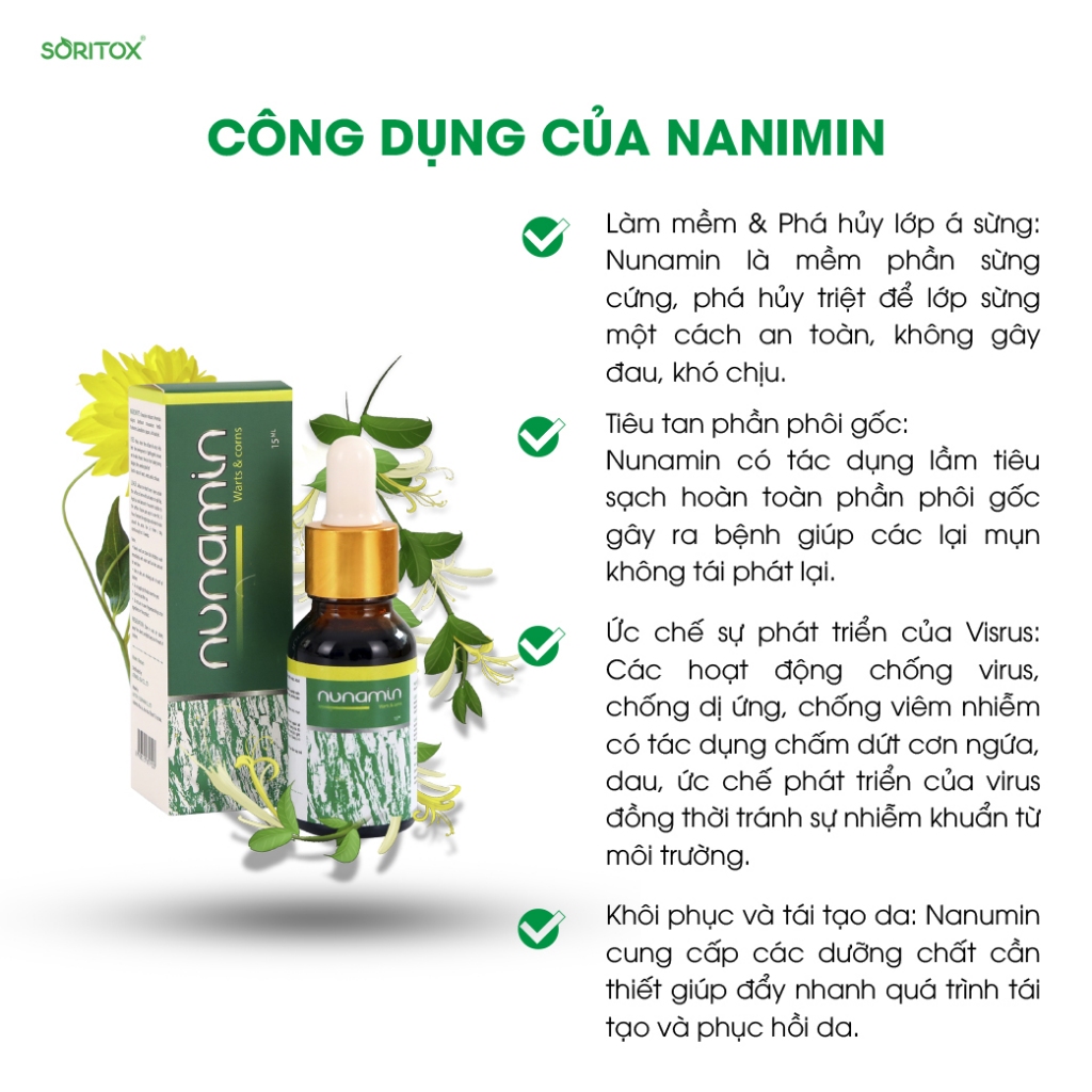 Serum tẩy Mụn cóc, Mụn do virus HPV gây ra, Mụn cơm, Mắt cá chân, Chai chân chiết suất từ thảo mộc - NUNAMIN SERUM 15ML