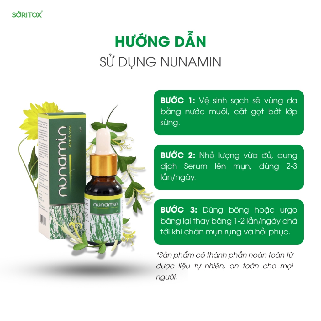 Serum tẩy Mụn cóc, Mụn do virus HPV gây ra, Mụn cơm, Mắt cá chân, Chai chân chiết suất từ thảo mộc - NUNAMIN SERUM 15ML