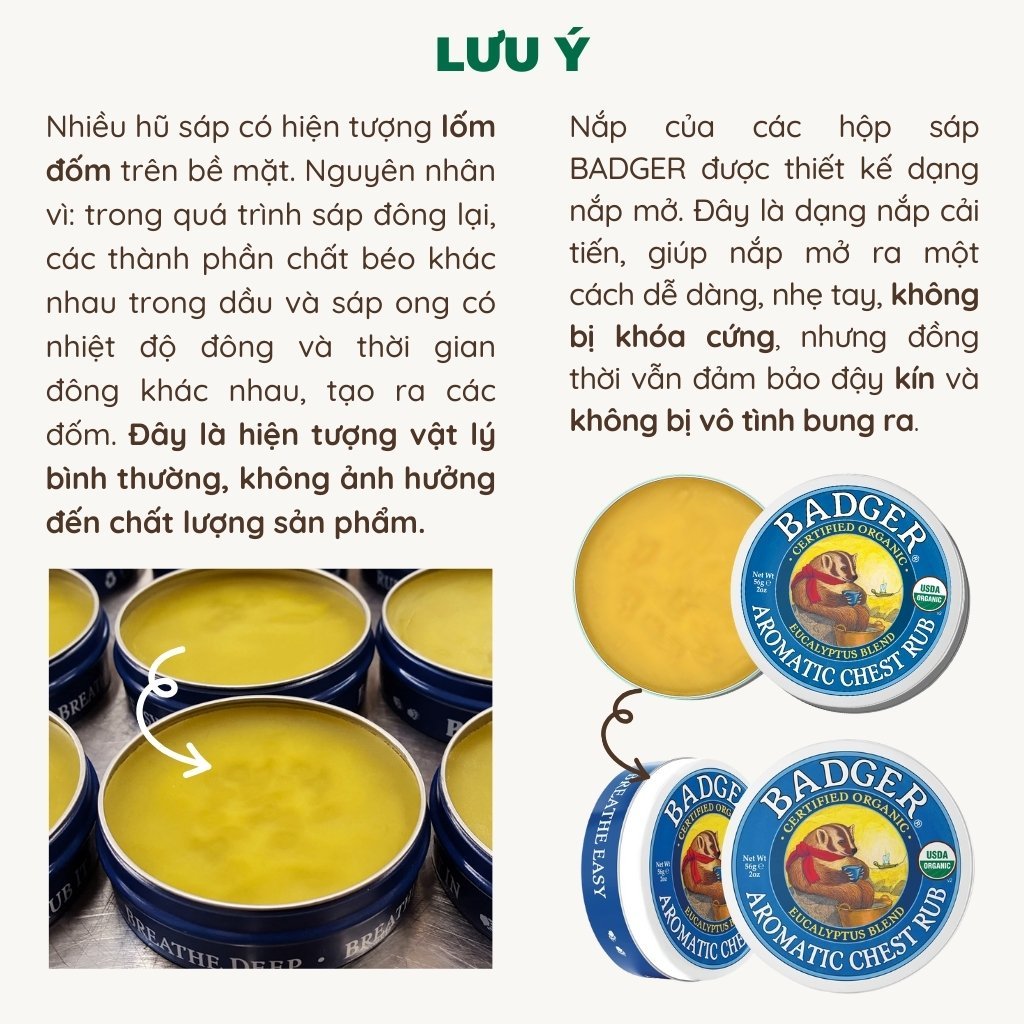 Combo 2 sáp dầu ấm ngực hữu cơ BADGER organic Chest Rub balm - giảm ho nghẹt mũi an toàn cho em bé từ 6 tháng 21g 56g