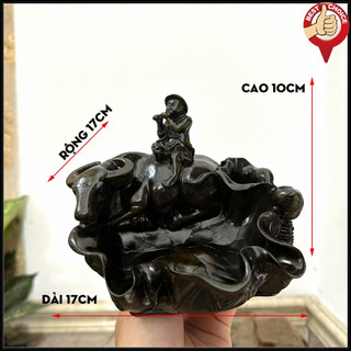 Gạt Tàn Trang Trí - Tượng Đá Mục Đồng Cưỡi Trâu - Màu Nâu Đen - Dài 17cm