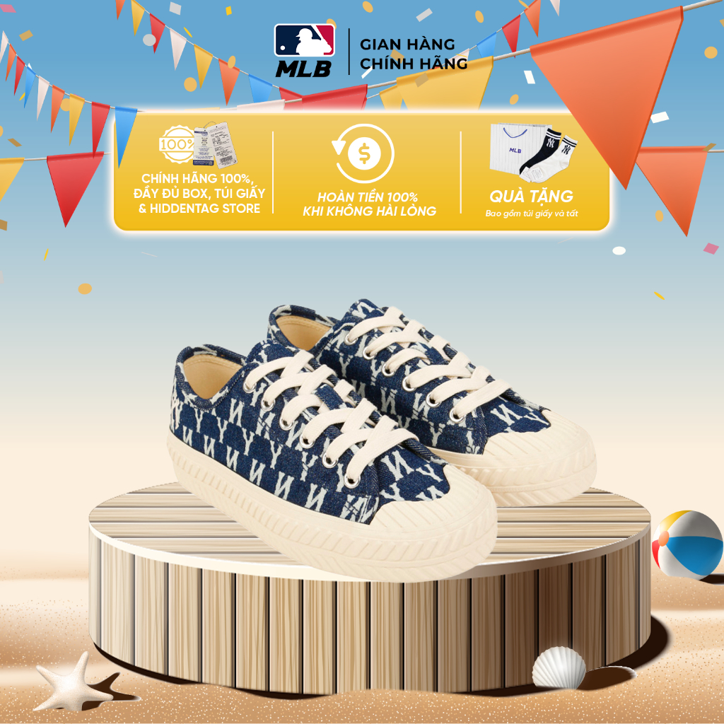 Giày MLB Playball Monogram xanh đậm chính hãng, giày bánh mì MLB logo NY thêu