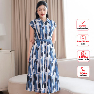 Đầm thiết kế cao cấp FIONA đầm sơ mi dáng xòe họa đầm công sở tiết sọc xanh đen nền trắng F414007