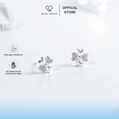 Khuyên Tai Bạc 925 Blue Peach KT Cỏ 4 Lá Tim 2 Cánh Đá VN KT669