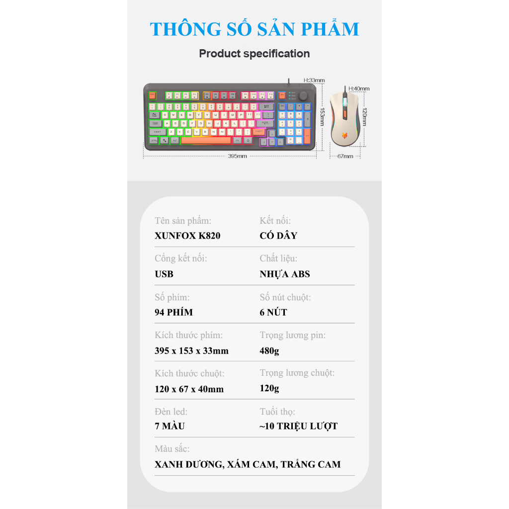 Combo phím chuột có dây XUNFOX K820 thiết kế 94 phím có nút vặn âm lượng tiện lợi kèm theo đèn led 7 màu cực đẹp | BigBuy360 - bigbuy360.vn