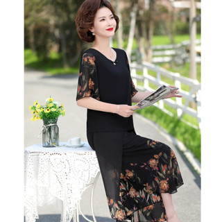 Bộ đồ trung niên ống rộng chất liệu voan hàn mềm rủ che khuyết điểm tốt