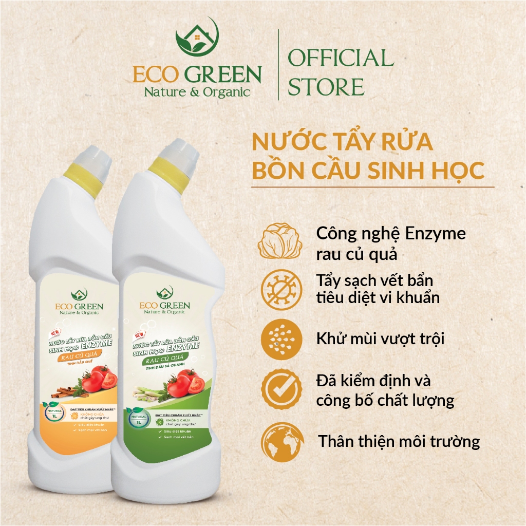 Tẩy Bồn Cầu Hữu Cơ Từ Enzyme Rau Củ Quả ECOGREEN 1L Diệt Khuẩn, Khử Mùi Hương Sả Chanh/Quế