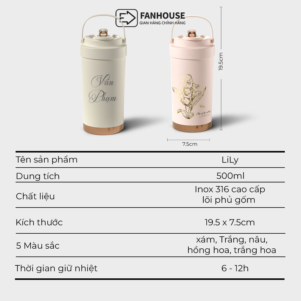 Ly giữ nhiệt Lily inox 316 tráng Sứ cao cấp, cốc giữ nhiệt 500ml Fan House có ống hút thủy tinh | BigBuy360 - bigbuy360.vn
