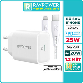 Combo củ sạc nhanh iphone, ipad 25w ravpower rp-pc156-b và cáp type-c to lightning mfi 20w, dài 1.2m rp-cb1004