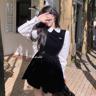 Váy nữ nhung dài tay phối cổ sen chiết eo phong cách tiểu thư Hàn Quốc XTT VN54