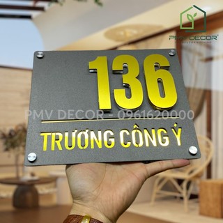BẢNG, BIỂN SỐ NHÀ. Alcorest gương vàng + Mica ghi sần, số nổi 1cm, ngoài trời, BSN-PMV72