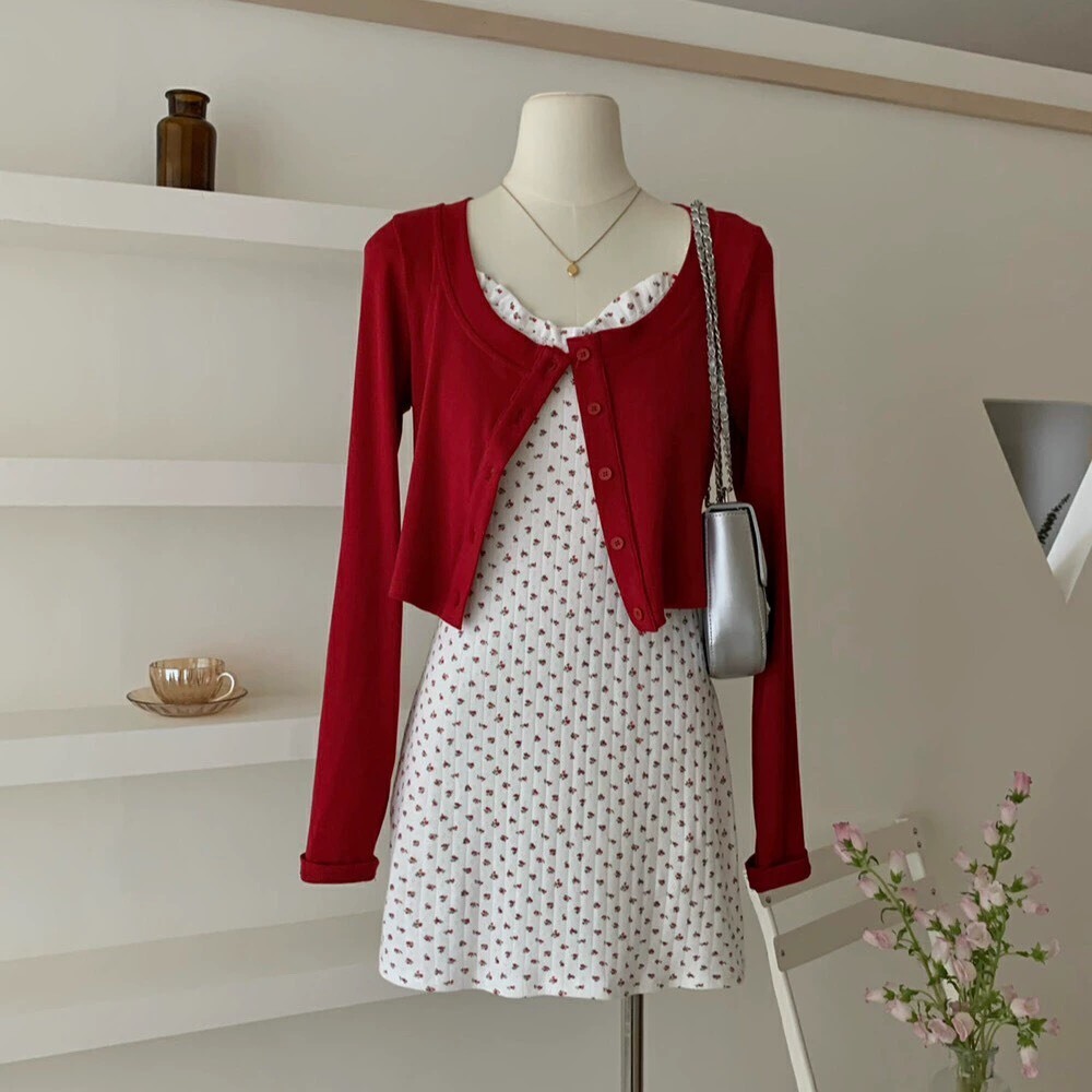 Set áo cardigan mix váy 2 dây hoa nhí tone đỏ xinh xắn, HÀNG QUẢNG CHÂU CAO CẤP