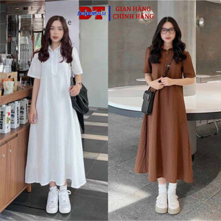 Đầm bầu cổ sơ mi chất đũi gân kèm váy lụa 2 dây, kiểu suông dáng dài bốn màu đen. trắng, nâu, kem bigisze - DTB