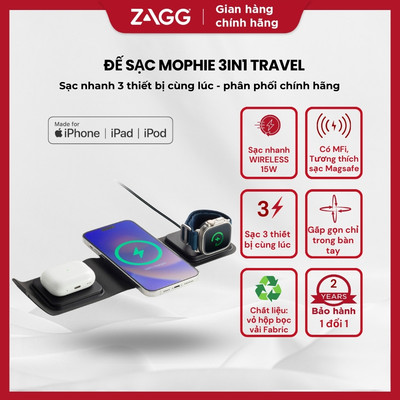 Đế sạc Mophie 3in1 travel - Sạc đa năng - sạc nhanh cùng lúc 3 thiết bị