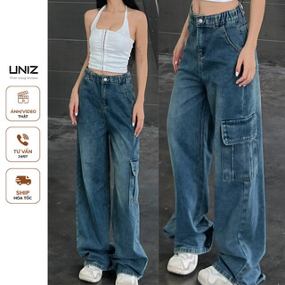    Ảnh thật   Quần jeans nữ Uniz ống rộng túi hộp dây rút phong cách unisex QuanJeandayrutbung9899 P0K42 