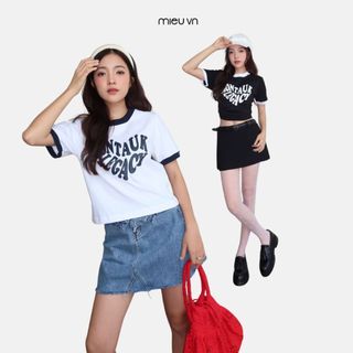 Áo baby tee nữ form ôm tôn dáng cổ tròn phối màu có in chữ MIEU - LM07