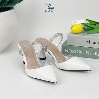 Giày sục nữ Luzi Shoes mũi nhọn bít mũi, Guốc cao gót quai ngang đính đá sang trọng, Giày nữ sục đế vuông cao 7cm M168