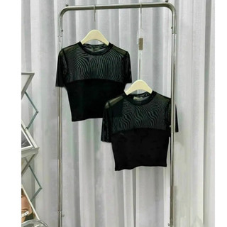 Croptop Tay Ngắn Phối Lưới