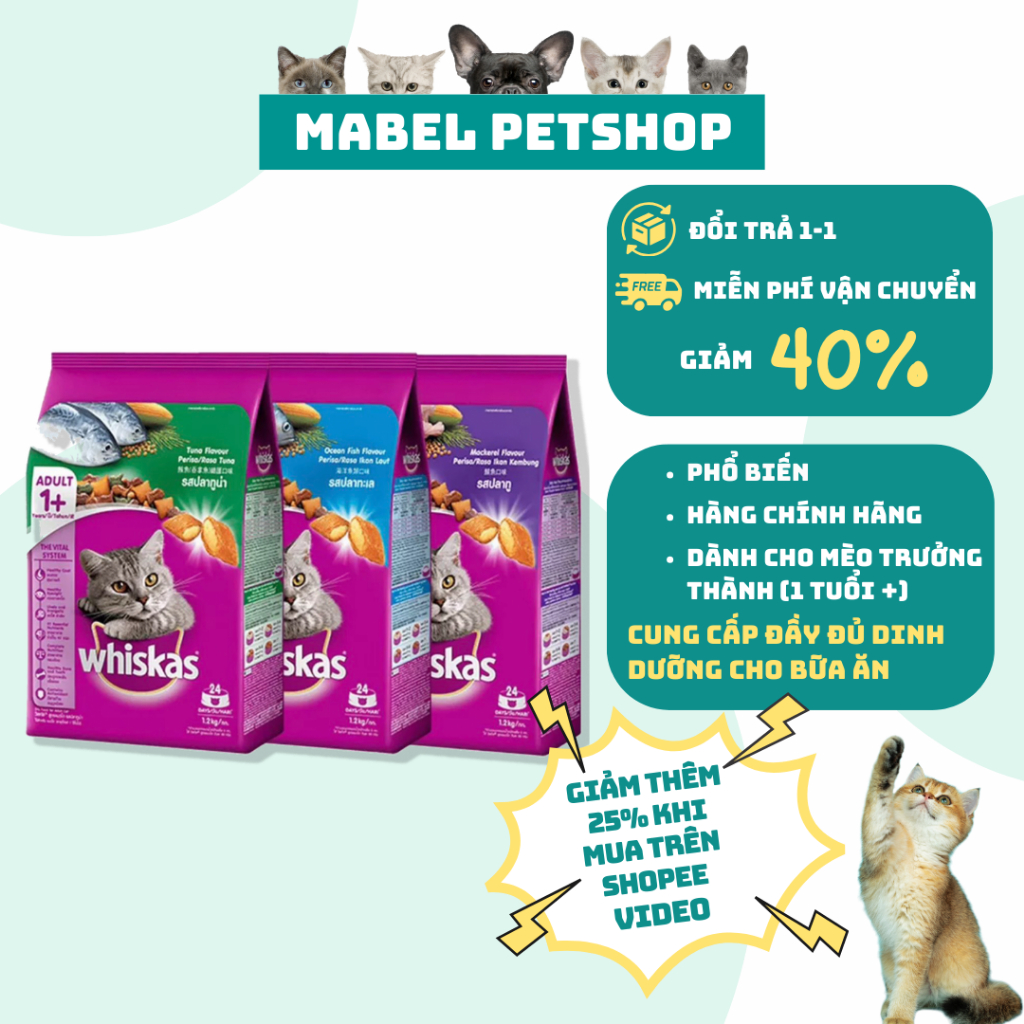 Thức ăn cho mèo hạt Whiskas túi 1.2kg dành cho mèo lớn